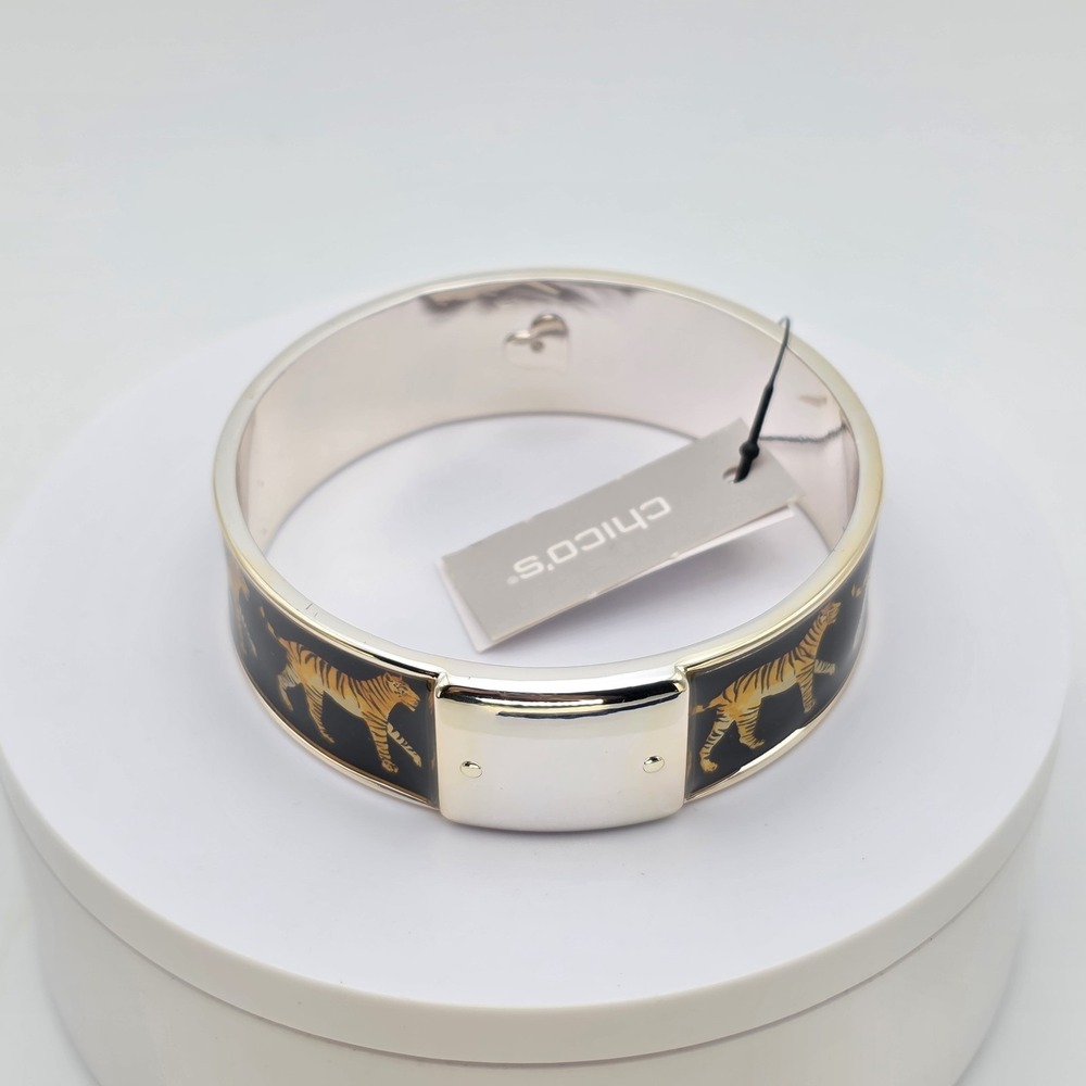 New! CHICO'S Luna Bracelet Tiger Print Wide Bangle Enamel Silver Tone New W Tags - Picture 4 of 6